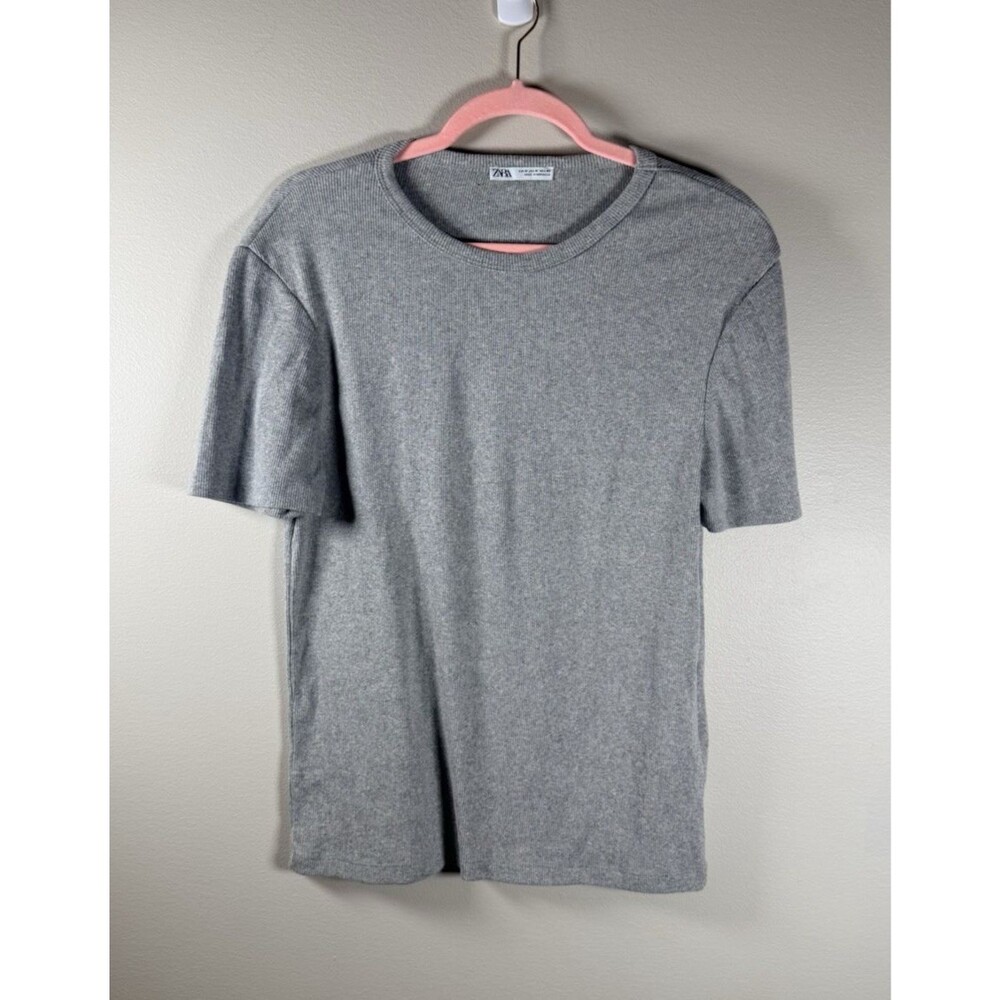 ZARA Gray Ribbed Knit Crew Neck Short Sleeve Solid T-Shirt Size M